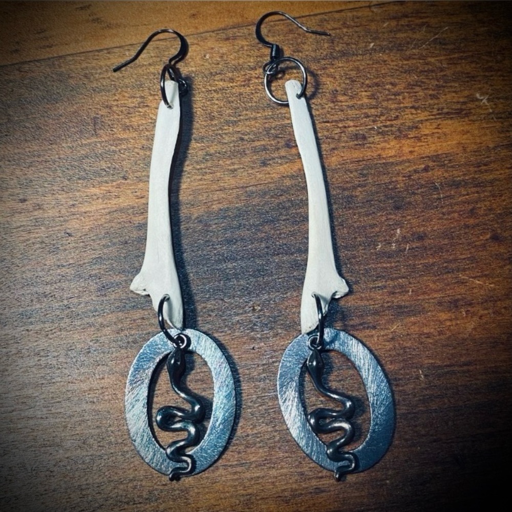 Real Possum Femur Bone Patina Hoop Snake Earrings